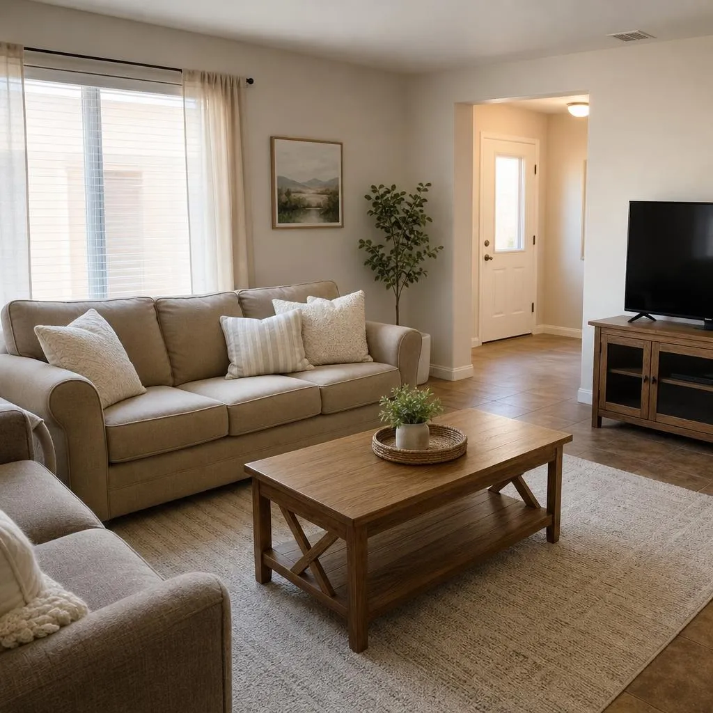 Illustrative clean, comfortable living room with a fabric sofa and wooden coffee table
