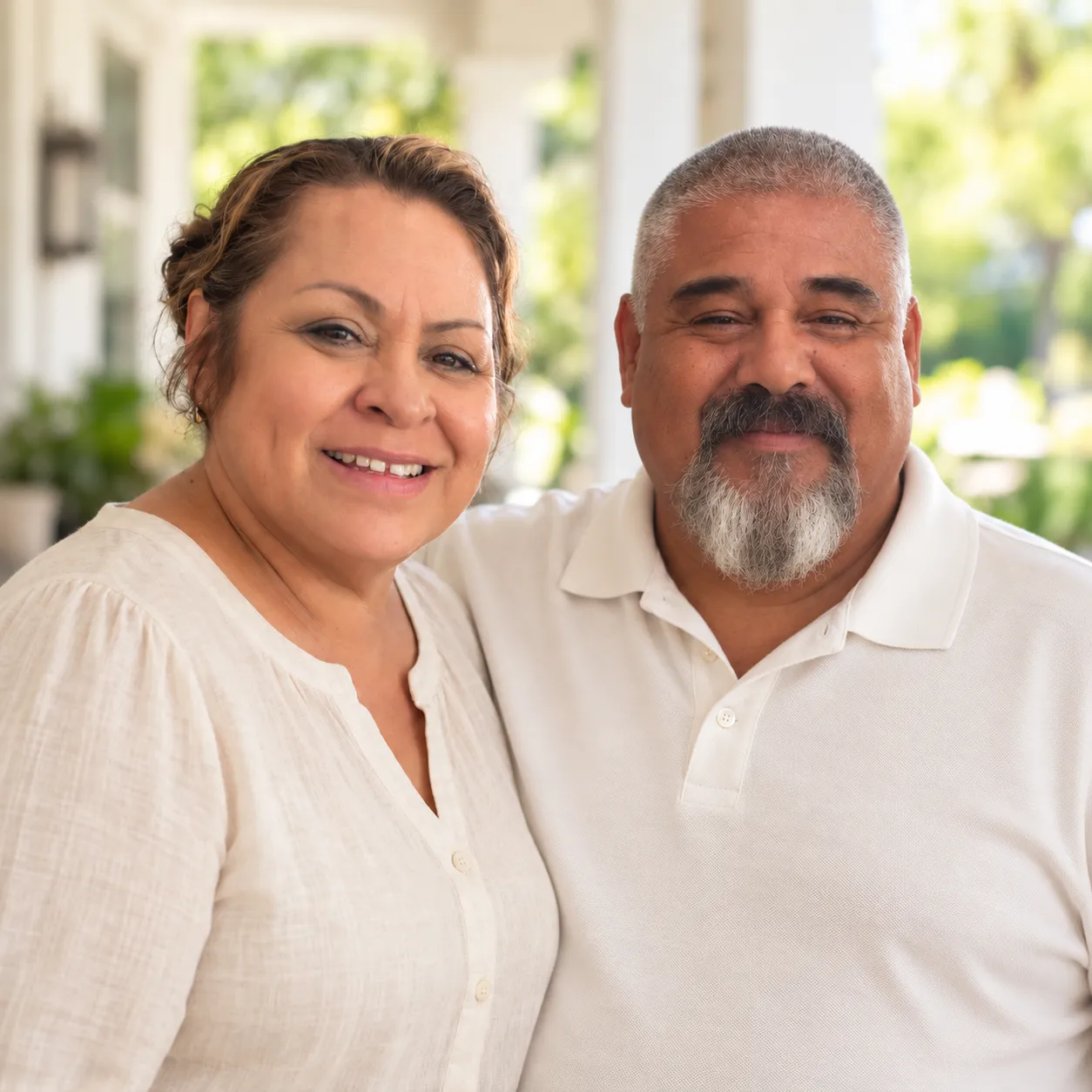 A smiling couple together on a bright porch