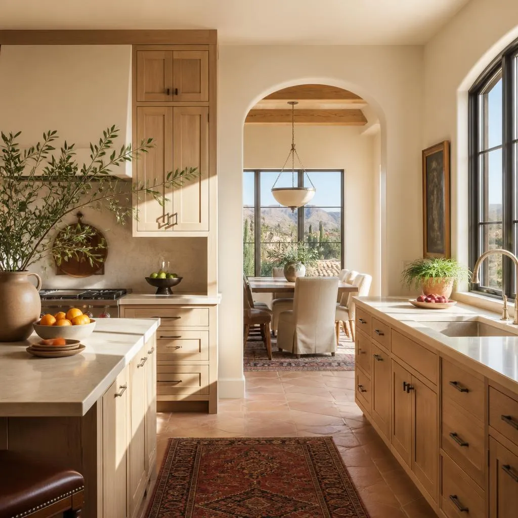 Illustrative tidy kitchen with wooden cabinets and an adjoining dining area
